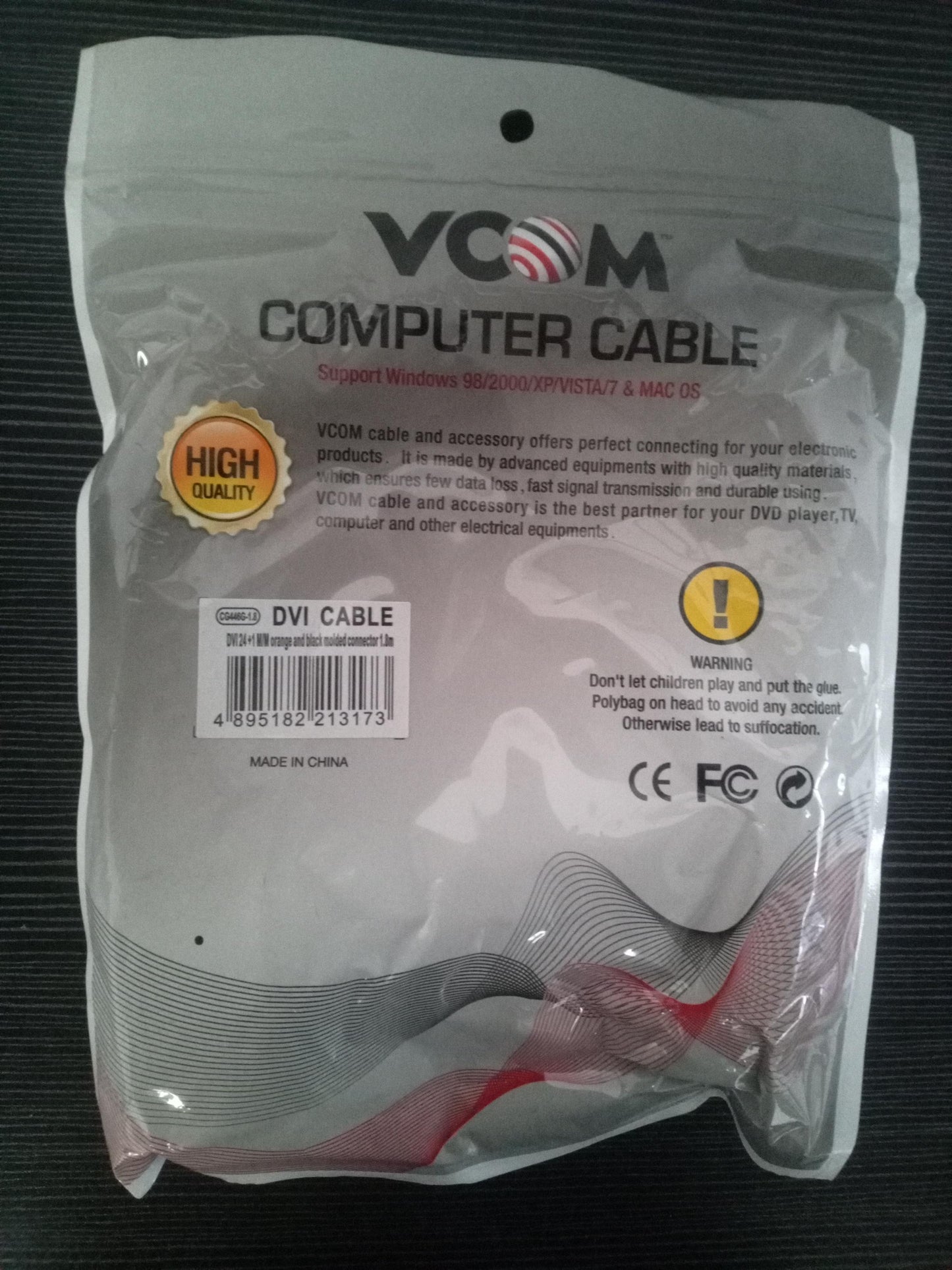 Vcom DVI 24+1 Male to Male 1.8 Meter Orange & Black Molded Connector Cable – New