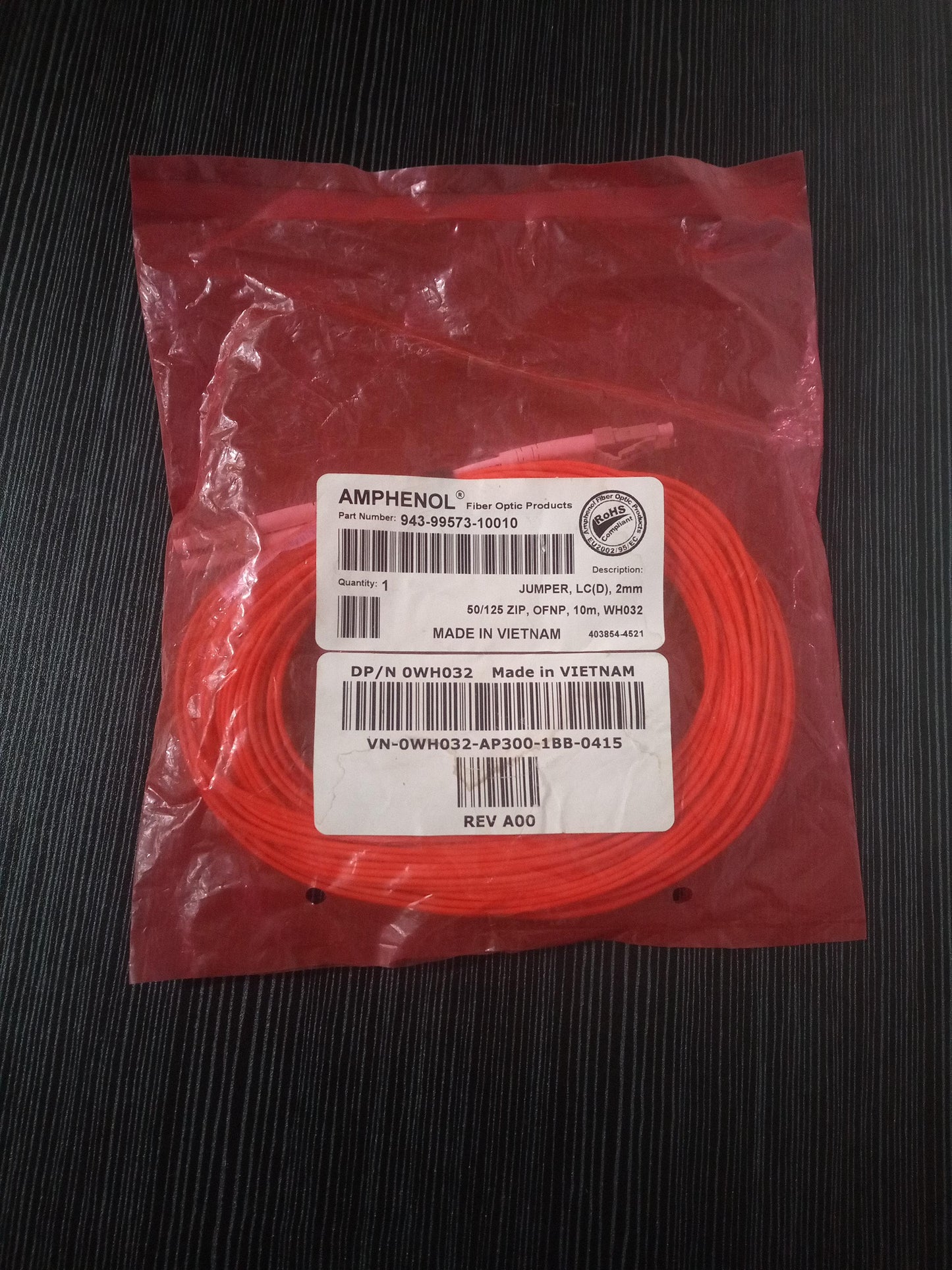 Amphenol 943-99573-10010 LC Duplex Multimode Fiber Optic Jumper Cable - 10 Meter – New
