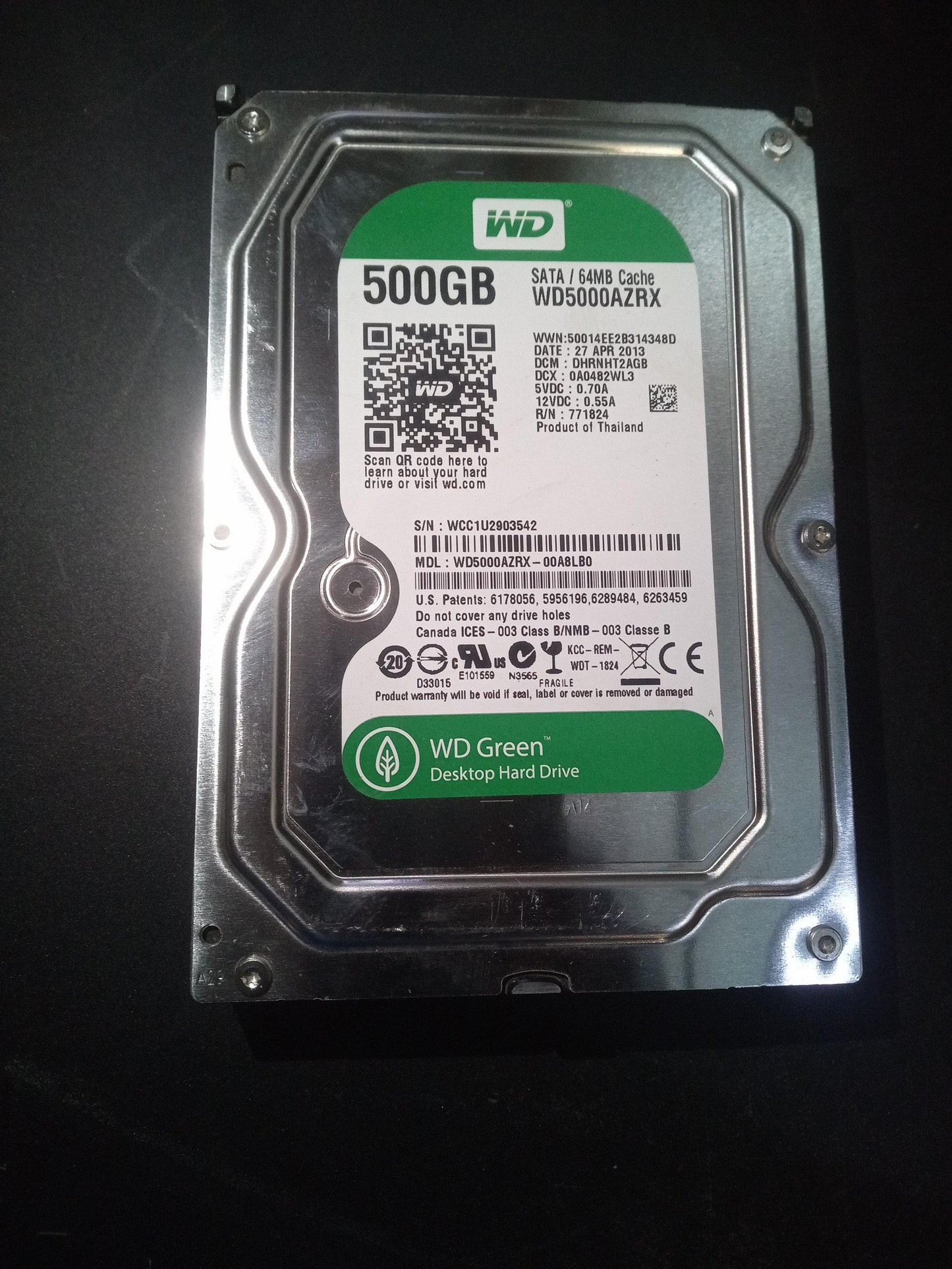 Western Digital WD5000AZRX-00A8LB0 500GB 3.5 Inch 5400RPM SATA 6Gb/s Hard Drive – Pre-Owned