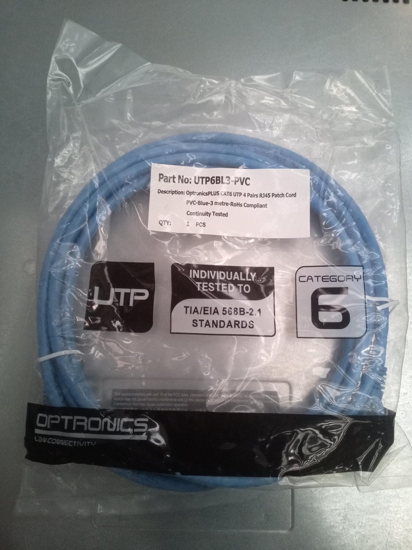 OptronicsPlus UTP6BL3-PVC CAT6 UTP RJ45 Patch Cord Blue 3 Meter – New