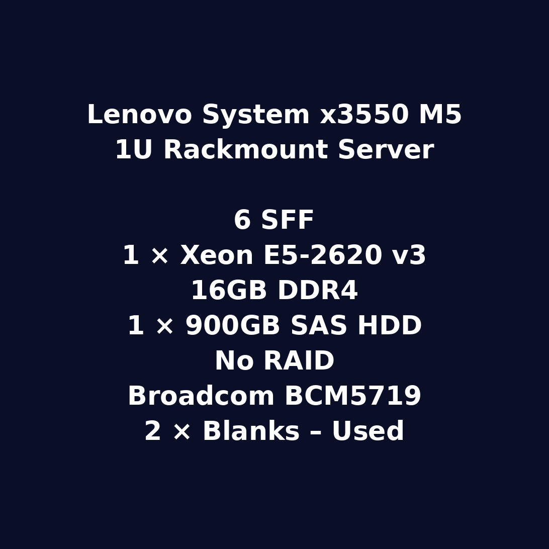 Lenovo System x3550 M5 1U Rackmount Server – 6 SFF – 1 x Xeon E5-2620 v3 – 16GB DDR4 – 1 x 900GB SAS HDD – No RAID – Broadcom BCM5719 – 2 x Blanks – Used