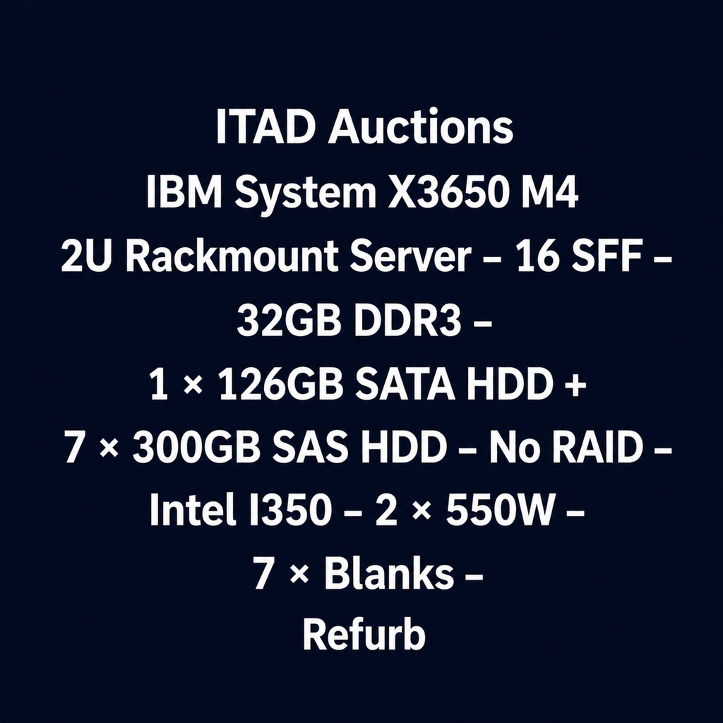 IBM System X3650 M4 2U Rackmount Server – 16 SFF – 32GB DDR3 – 1 × 126GB SATA HDD + 7 × 300GB SAS HDD – No RAID – Intel I350 – 2 × 550W – 7 × Blanks – Used
