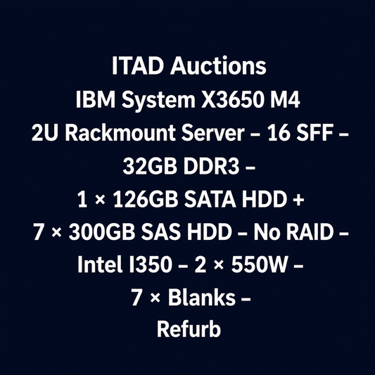 IBM System X3650 M4 2U Rackmount Server – 16 SFF – 32GB DDR3 – 1 × 126GB SATA HDD + 7 × 300GB SAS HDD – No RAID – Intel I350 – 2 × 550W – 7 × Blanks – Used