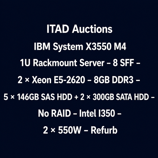 IBM System X3550 M4 1U Rackmount Server – 8 SFF – 2 × Xeon E5-2620 – 8GB DDR3 – 5 × 146GB SAS HDD + 2 × 300GB SATA HDD – No RAID – Intel I350 – 2 × 550W – Used