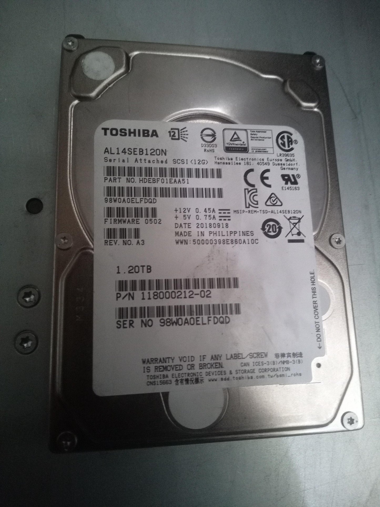 Toshiba AL14SEB120N 2.5 Inch 1.2TB 12Gbps 10K RPM SAS Enterprise Hard Drive – Pre-Owned