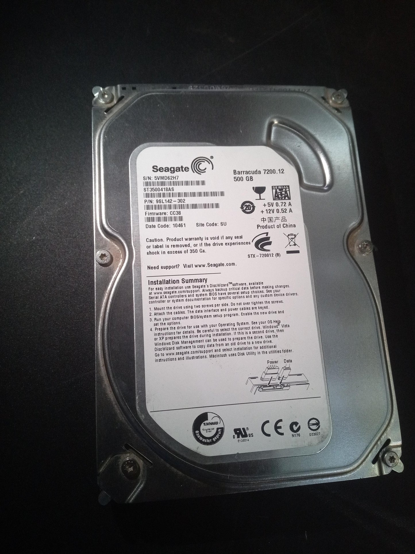 Seagate ST3500418AS 500GB 3.5 Inch 7.2K RPM SATA 3Gb/s Hard Drive – Pre-Owned