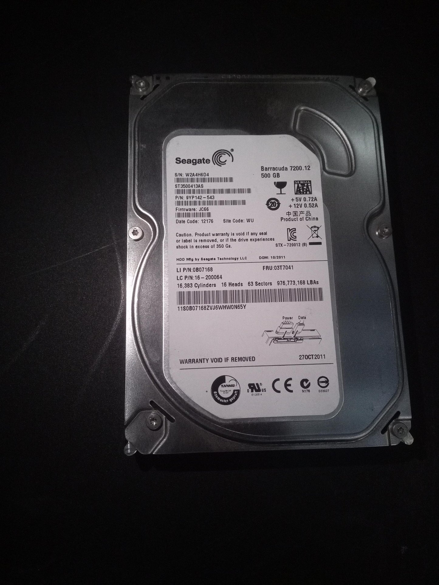 Seagate ST3500413AS 500GB 3.5 Inch 7.2K RPM SATA 6Gb/s Hard Drive – Pre-Owned