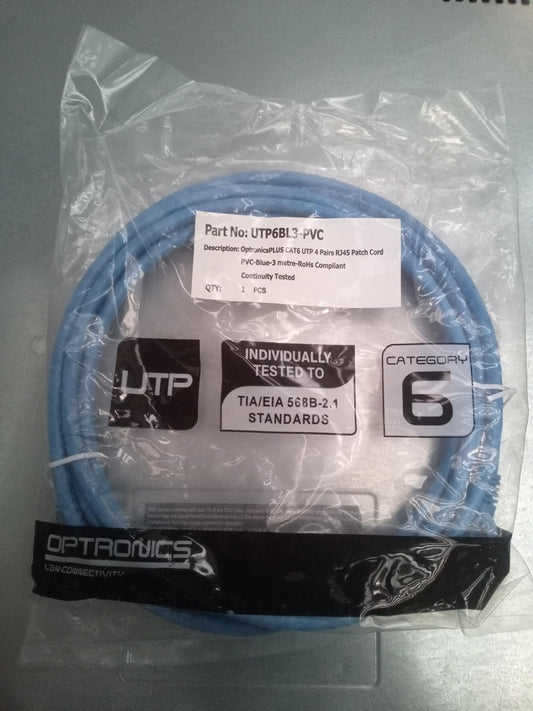 OptronicsPlus UTP6BL3-PVC CAT6 UTP RJ45 Patch Cord Blue 3 Meter – New