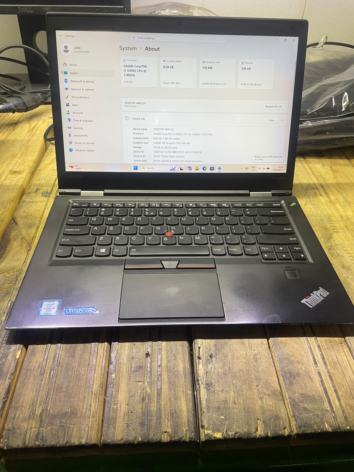 Lenovo ThinkPad X1 Carbon 4th Gen 14 Inch Laptop – i5 6300U – 8GB DDR4 – 256GB SSD – Win10Pro – Battery Health 86% – No Adapter – Used
