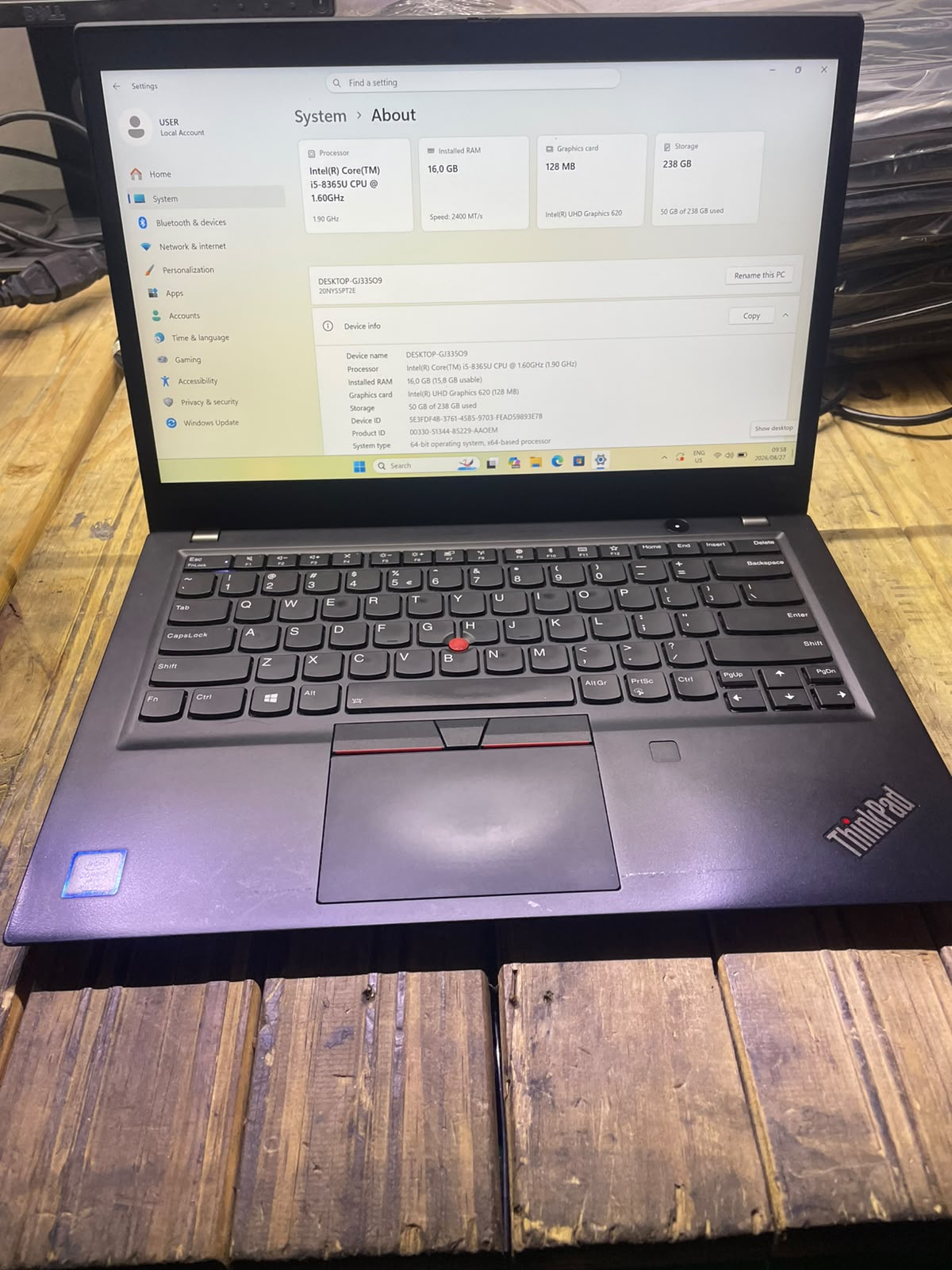 Lenovo ThinkPad T490s 14 Inch Laptop – i5 8365U – 16GB DDR4 – 256GB NVMe SSD – Win11Pro – Battery Health 79% (425 Cycles) – No Adapter – Used