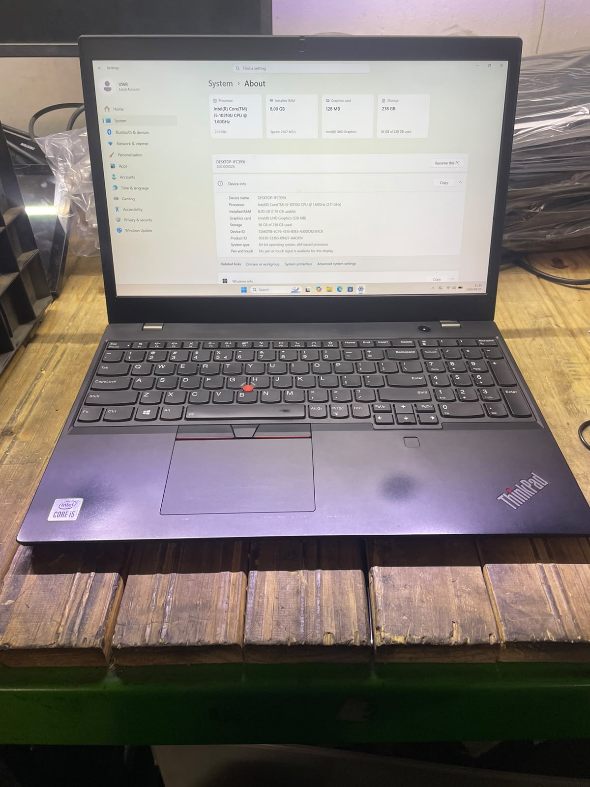 Lenovo ThinkPad L15 Gen 1 15.6 Inch Laptop – i5 10210U – 8GB DDR4 – 256GB NVMe SSD – Win11Pro – Battery Health 88% (235 Cycles) – No Adapter – Used