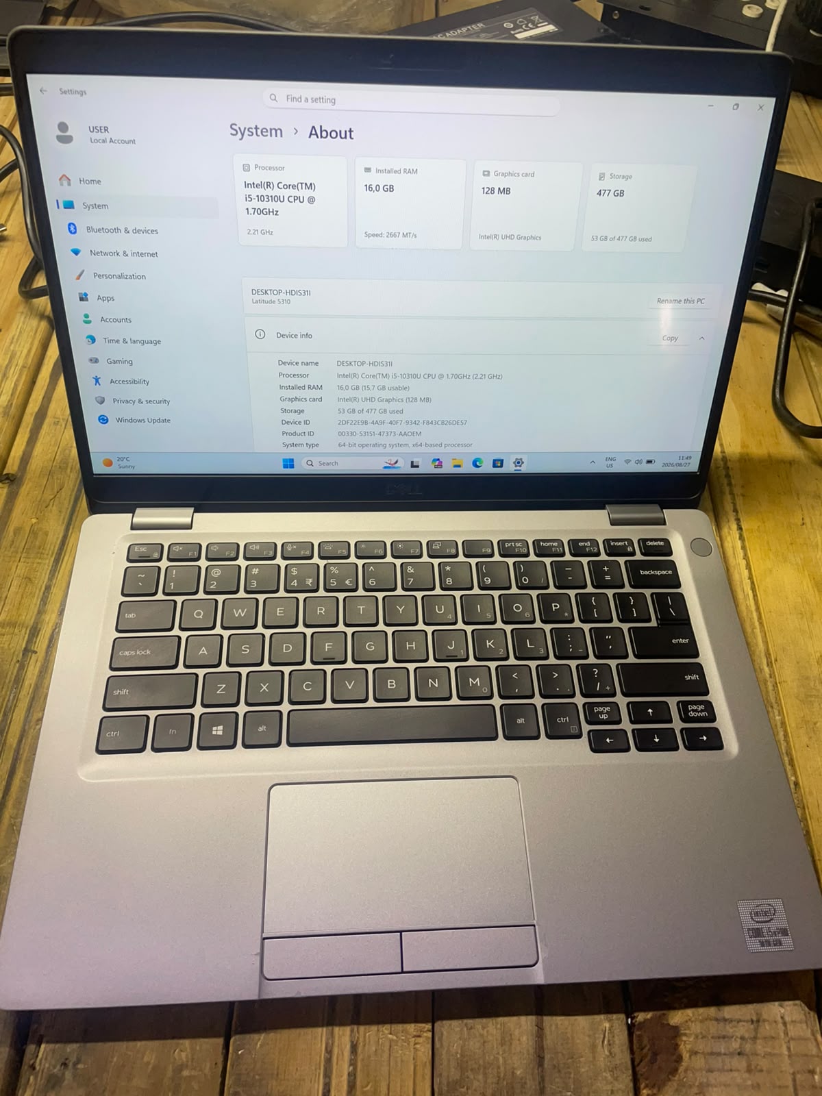 Dell Latitude 5310 13.3 Inch Laptop – i5 10310U – 16GB DDR4 – 512GB NVMe SSD – Win11Pro – Battery Health 47% – No Adapter – Used