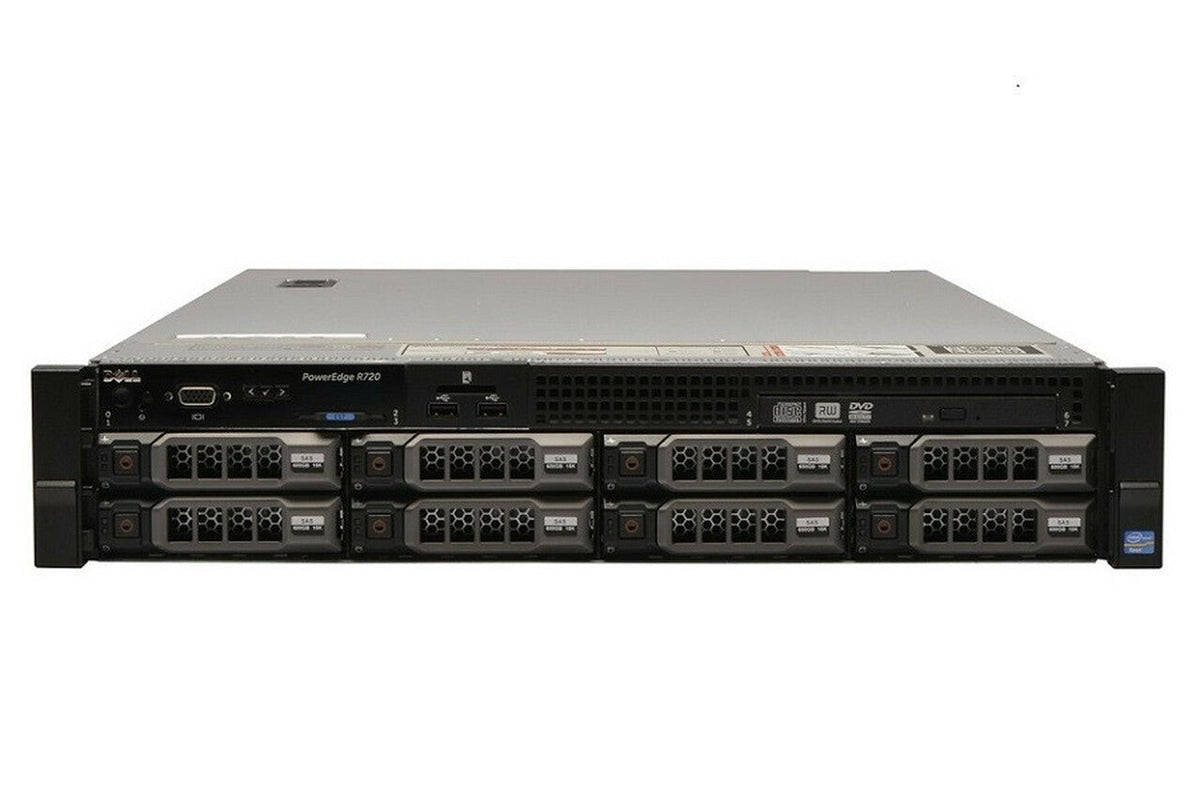 Dell PowerEdge R720 2U Rackmount Server – 8 LFF – 2 × Intel Xeon E5-2670 – 64GB DDR3 – No HDD – PERC H710 Mini – Broadcom BCM5720 – 2 × 750W – 2 × Caddies – 3 × Blanks – Used