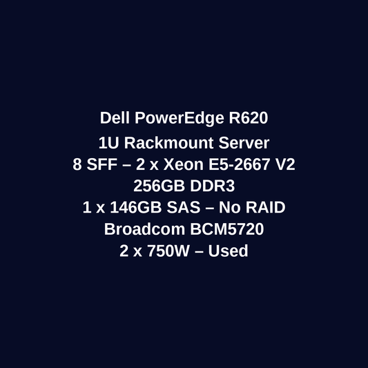 Dell PowerEdge R620 1U Rackmount Server – 8 SFF – 2 x Xeon E5-2667 v2 – 256GB DDR3 – 1 x 146GB SAS HDD – No RAID – Broadcom BCM5720 – 2 x 750W – Used
