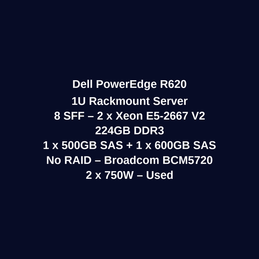 Dell PowerEdge R620 1U Rackmount Server – 8 SFF – 2 x Xeon E5-2667 v2 – 224GB DDR3 – 1 x 500GB SAS HDD + 1 x 600GB SAS HDD – No RAID – Broadcom BCM5720 – 2 x 750W – Used