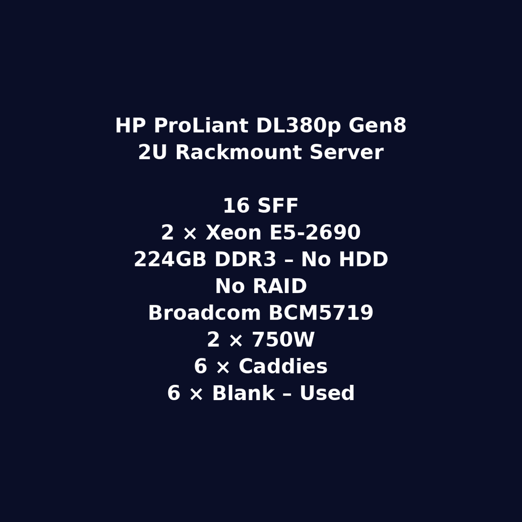 HP ProLiant DL380p Gen8 2U Rackmount Server – 16 SFF – 2 × Xeon E5-2690 – 224GB DDR3 – No HDD – No RAID – Broadcom BCM5719 – 2 × 750W – 6 × Caddies – 6 × Blank – Used