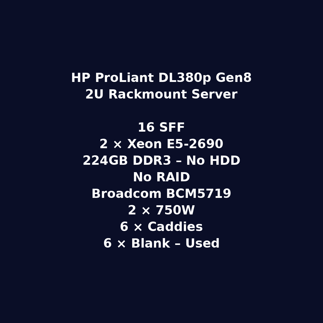 HP ProLiant DL380p Gen8 2U Rackmount Server – 16 SFF – 2 × Xeon E5-2690 – 224GB DDR3 – No HDD – No RAID – Broadcom BCM5719 – 2 × 750W – 6 × Caddies – 6 × Blank – Used