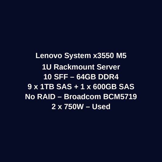 Lenovo System x3550 M5 1U Rackmount Server – 10 SFF – 2 x Xeon E5-2620 v4 – 64GB DDR4 – 9 x 1TB SAS HDD + 1 x 600GB SAS HDD – No RAID – Broadcom BCM5719 – 2 x 750W – Used