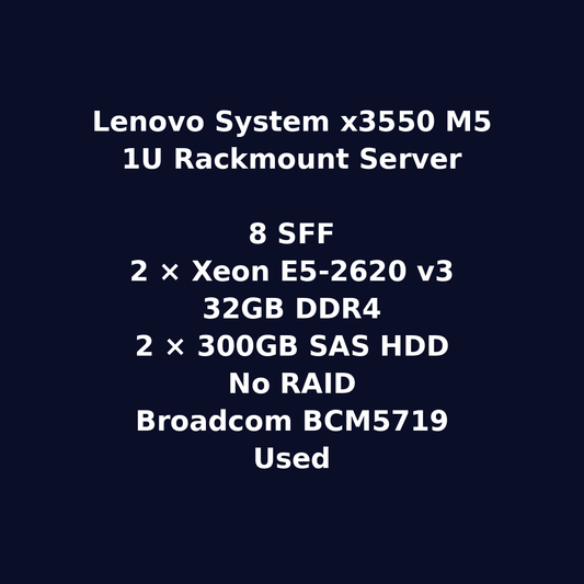 Lenovo System x3550 M5 1U Rackmount Server – 8 SFF – 2 x Xeon E5-2620 v3 – 32GB DDR4 – 2 x 300GB SAS HDD – No RAID – Broadcom BCM5719 – 2 x 550W – Used