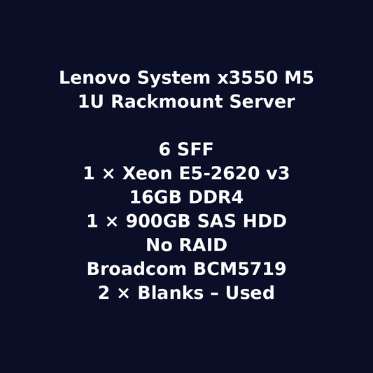 Lenovo System x3550 M5 1U Rackmount Server – 6 SFF – 1 x Xeon E5-2620 v3 – 16GB DDR4 – 1 x 900GB SAS HDD – No RAID – Broadcom BCM5719 – 2 x Blanks – Used