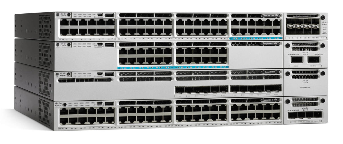 Cisco WS-C3850-48P-S 48-Port PoE+ Layer 3 Switch with C3850-NM-2-10G Module – manufacturer stock photo